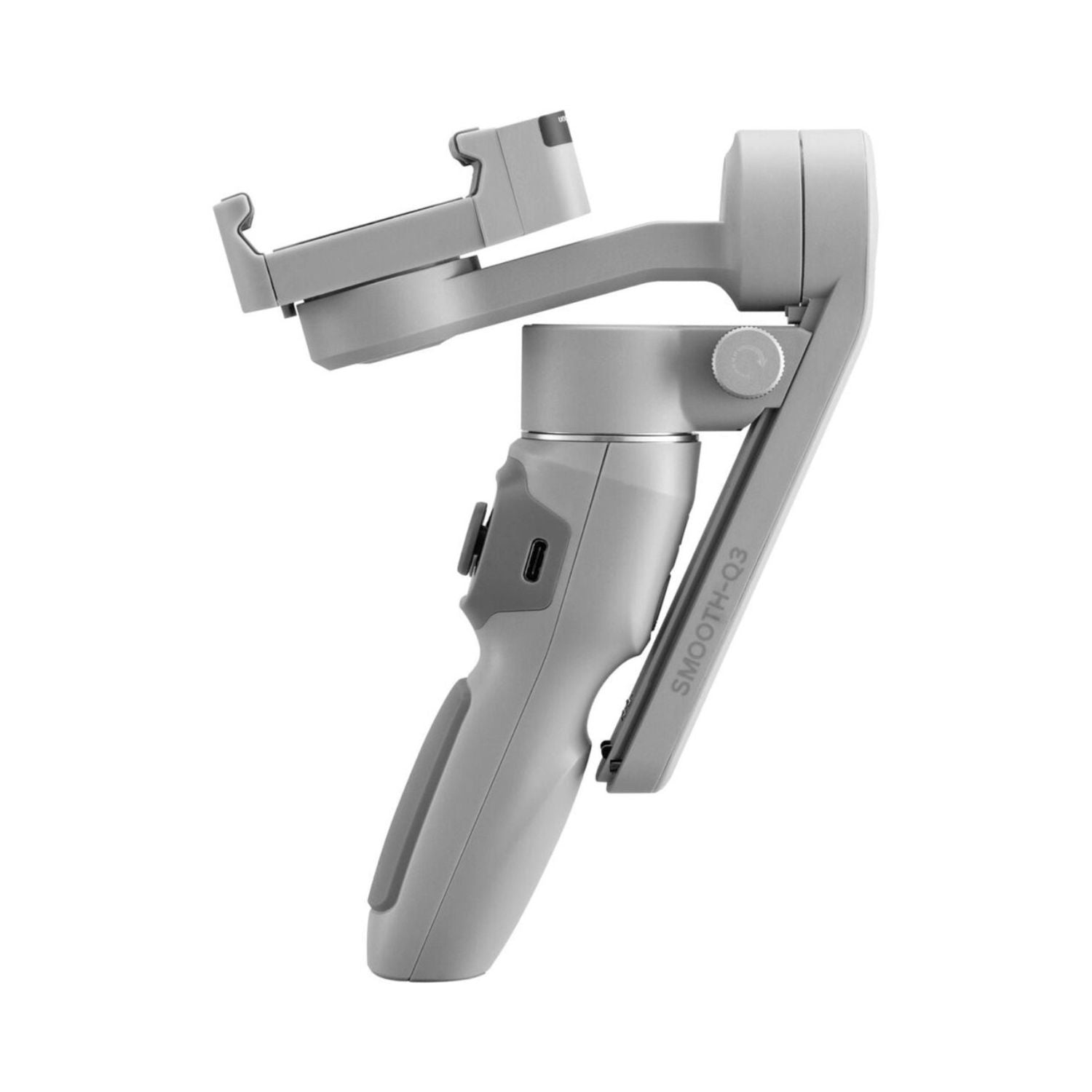 Gray handheld smartphone gimbal with side arm and phone holder