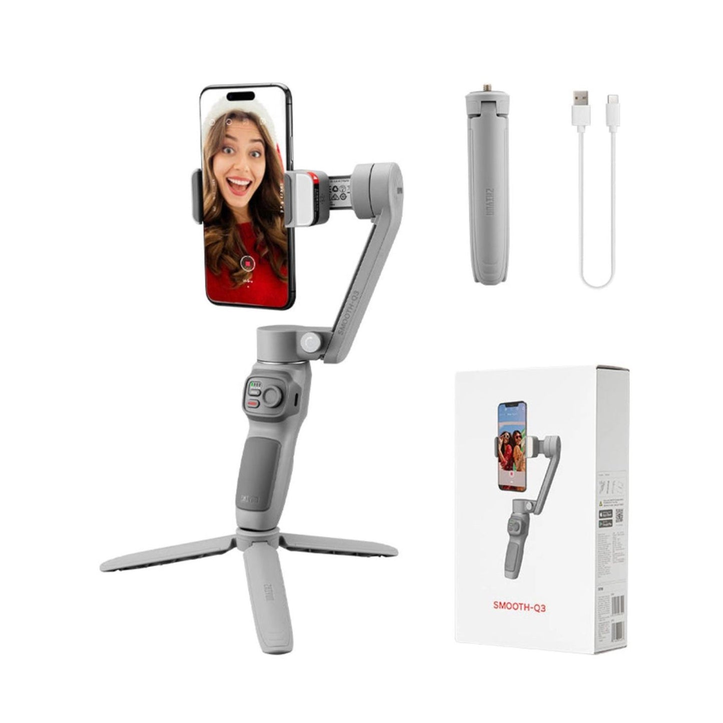 Smartphone gimbal with phone mounted on gray handle, plus product box