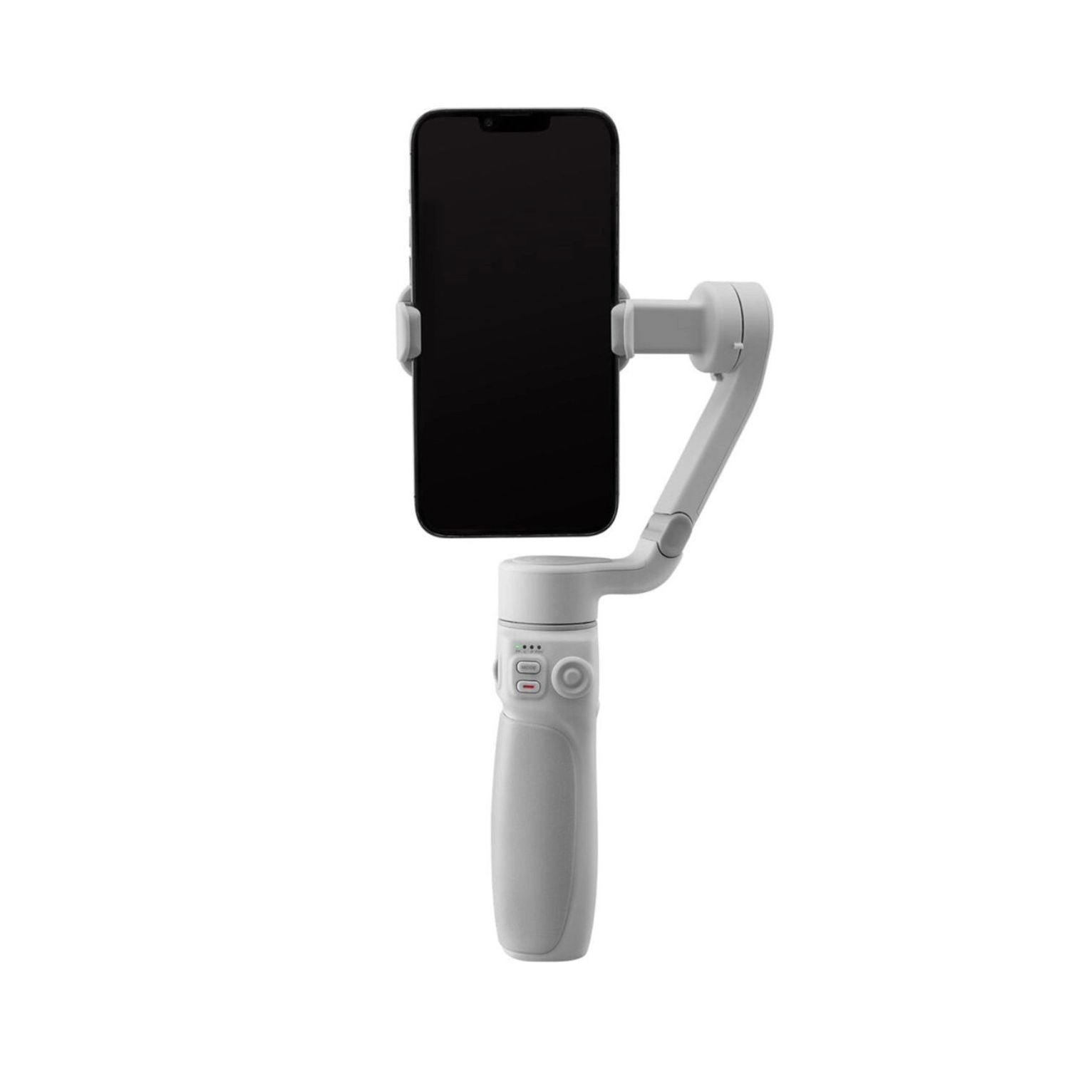Smartphone gimbal stabilizer with phone clamp on silver handle and tilt arm
