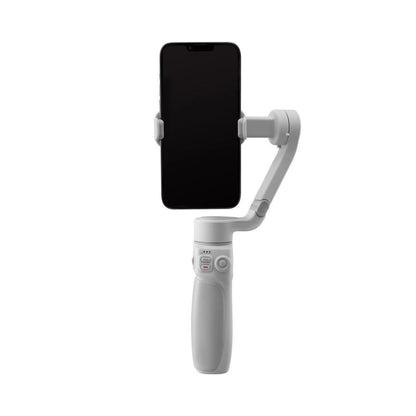 Smartphone gimbal stabilizer with phone clamp on silver handle and tilt arm