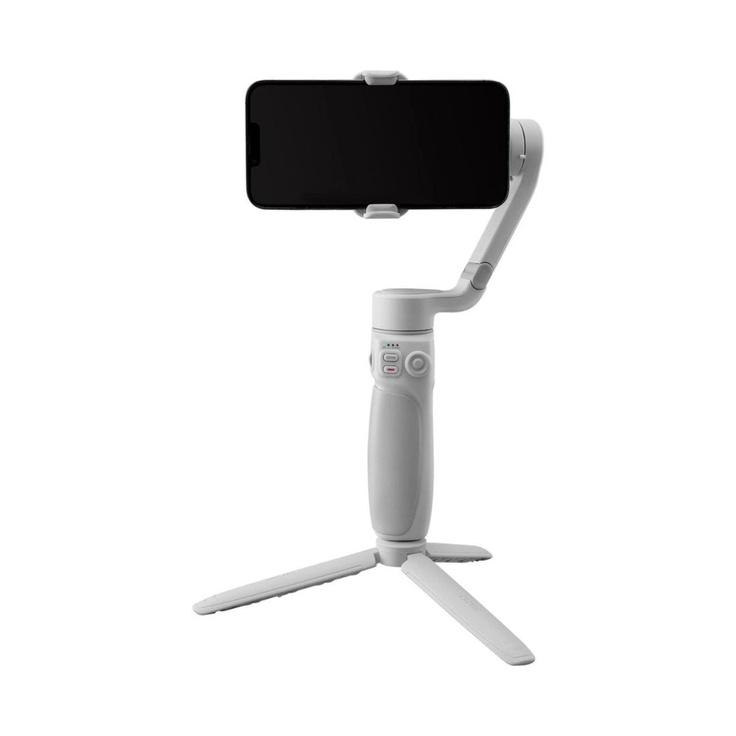Smartphone gimbal stabilizer standing with tripod legs and phone mount