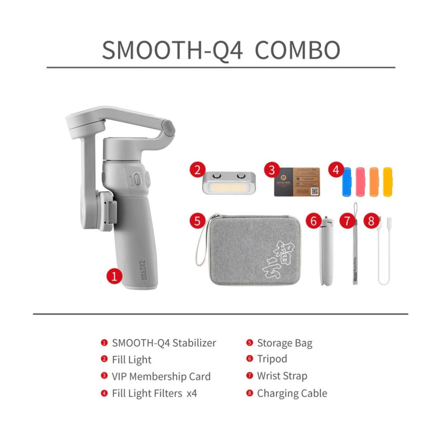 SMOOTH-Q4 Combo kit: gimbal, fill light, storage bag, tripod, wrist strap, cables