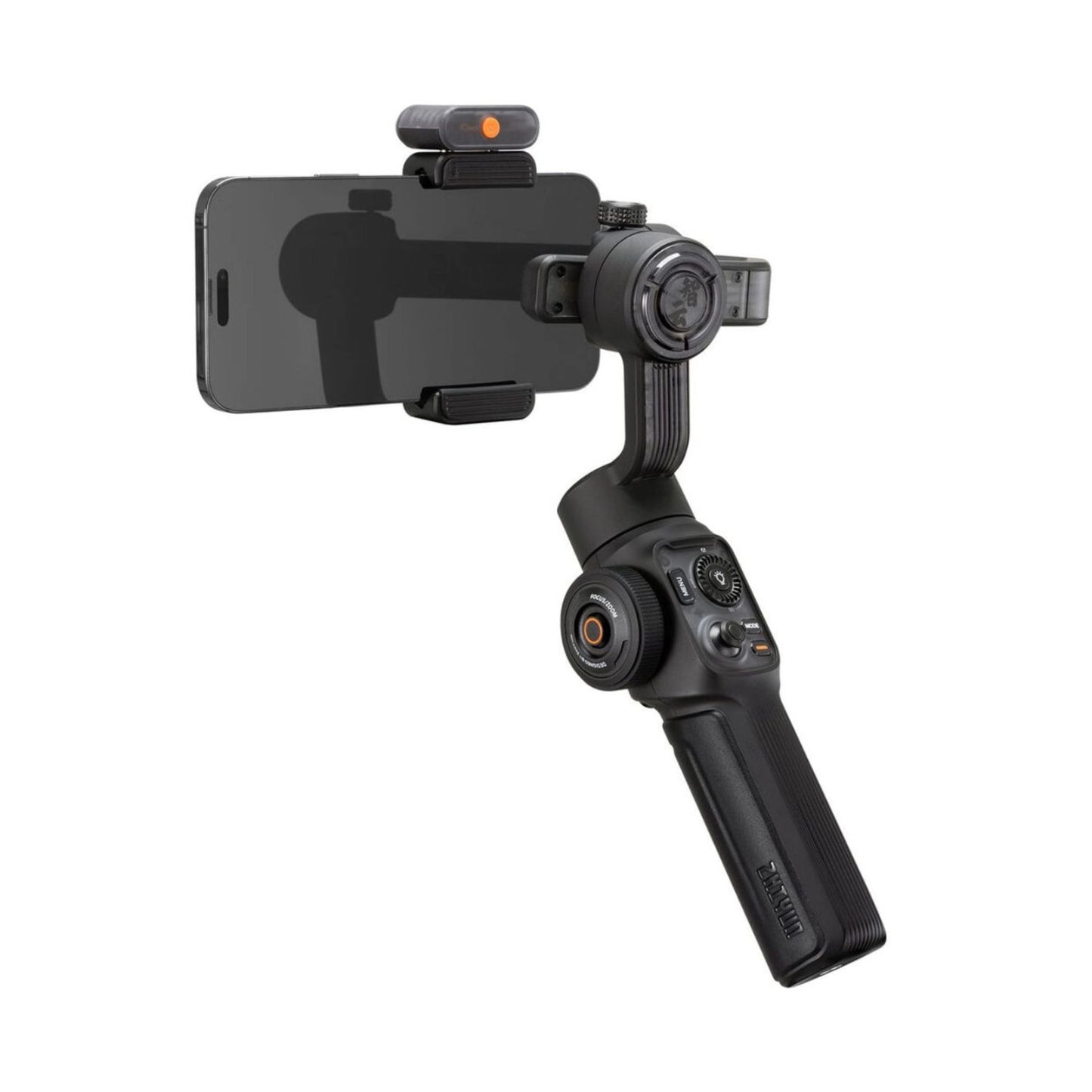 Smartphone-Gimbal im Querformat, Seitenansicht mit Steuerwählrad und Griff