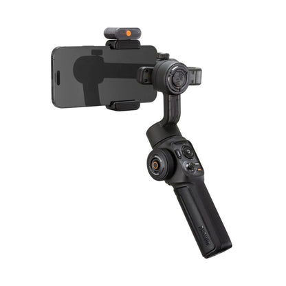 Smartphone-Gimbal im Querformat, Seitenansicht mit Steuerwählrad und Griff