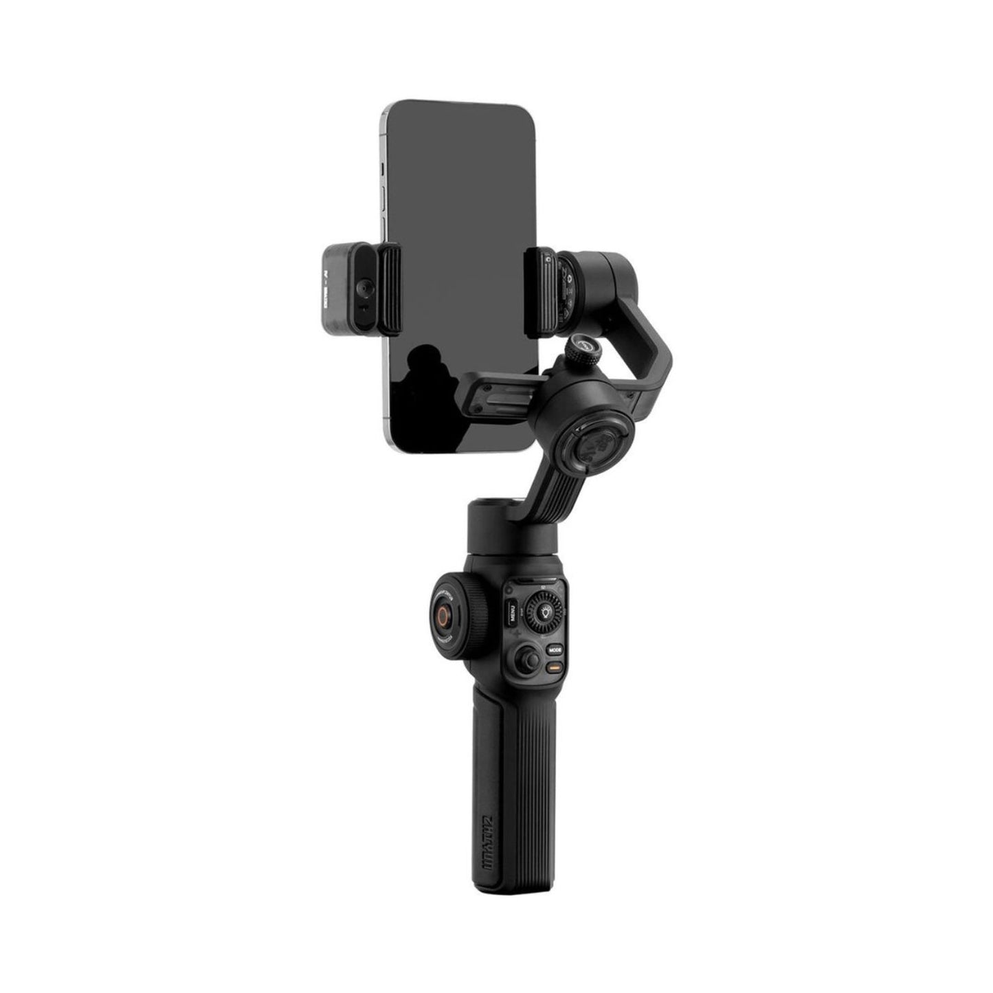 Smartphone-Gimbal mit vertikalem Halter und Kamera-Ausschnitt am Clamp-Arm