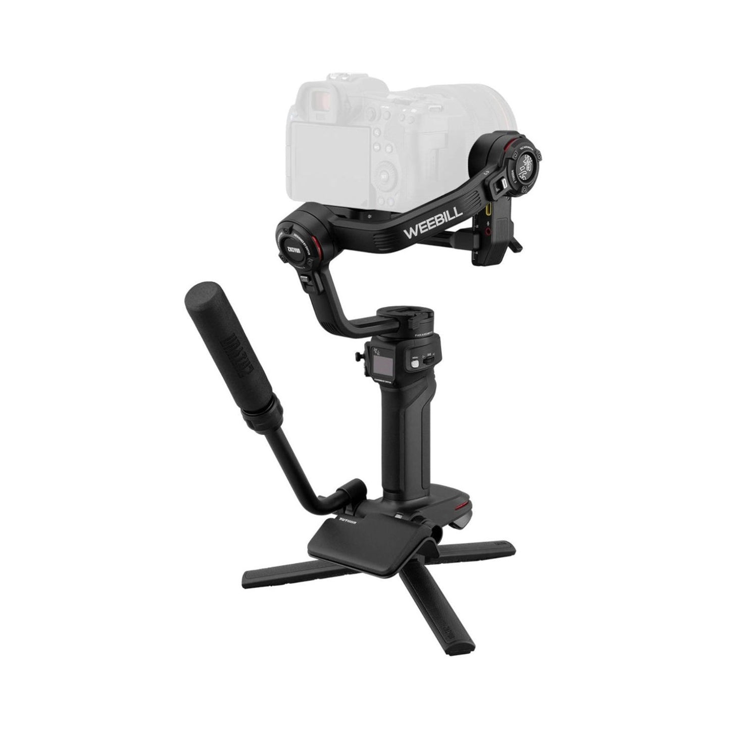 WEEBILL-3 gimbal stabilizer with camera plate, side arm, and foldable tripod feet