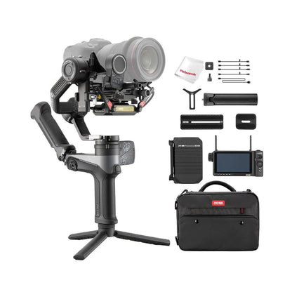 Weebill-2 gimbal stabilizer kit layout with camera, touchscreen, and carrying case