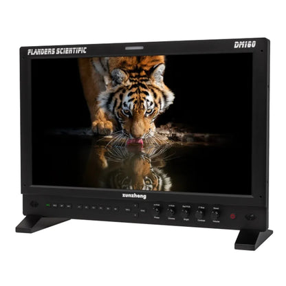 Flanders Scientific DM160 OLED reference monitor, angled front view with tabletop feet