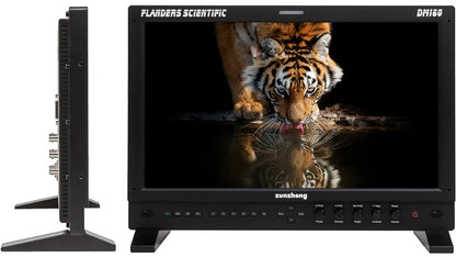 Flanders Scientific DM160 monitor shown from the front and side, with tabletop feet