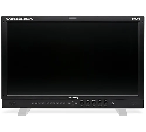 Flanders Scientific DM211 monitor with black screen, front controls, and light-colored feet