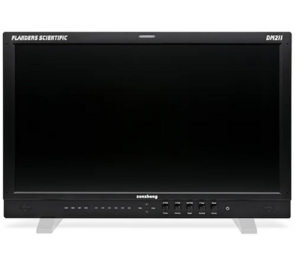 Flanders Scientific DM211 monitor with black screen, front controls, and light-colored feet