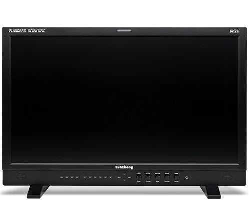 Flanders Scientific DM231 reference monitor with a black screen, front controls, and two stand feet