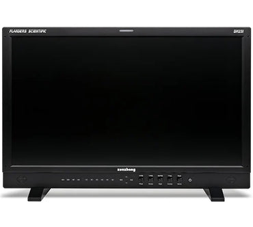 Flanders Scientific DM231 reference monitor with a black screen, front controls, and two stand feet