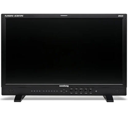 Flanders Scientific DM231 reference monitor with a black screen, front controls, and two stand feet