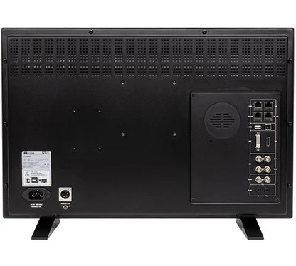 Flanders Scientific DM231 reference monitor showing rear ventilation, ports, power input, and stand feet