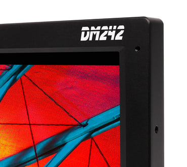 Flanders Scientific DM242 monitor close-up showing the upper bezel and display edge