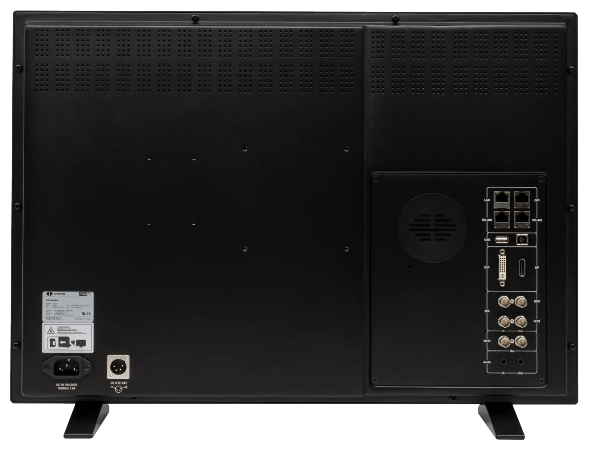 Flanders Scientific DM242 monitor rear panel with ports, ventilation, and stand feet