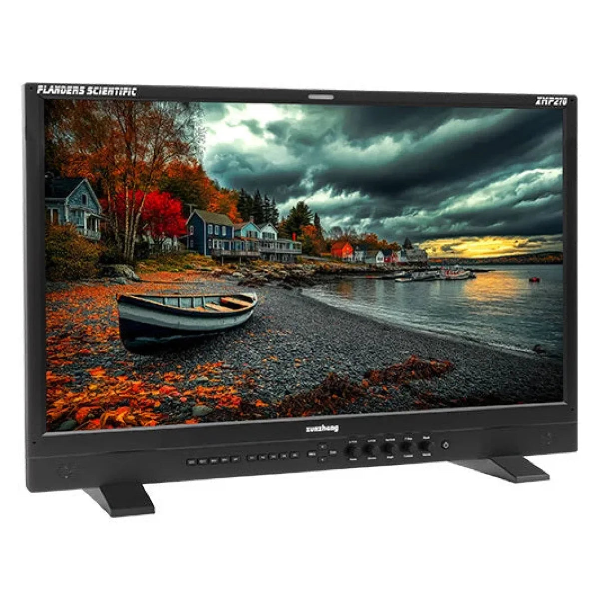 Flanders Scientific XMP270 mastering monitor with scenic image on screen and angled front view