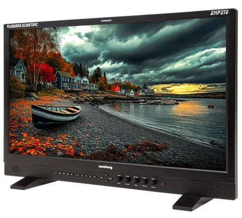 Flanders Scientific XMP270 monitor with scenic image on screen, shown from an angle
