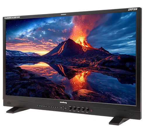 Flanders Scientific XMP310 monitor with landscape displayed, front three-quarter view