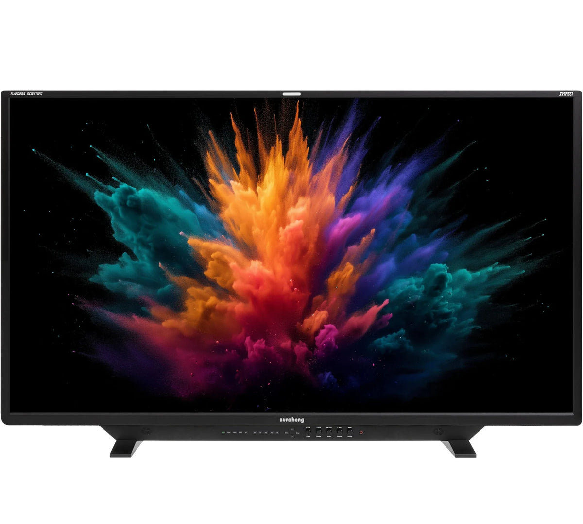Flanders Scientific XMP551 monitor, front view with vivid colorful display and two feet