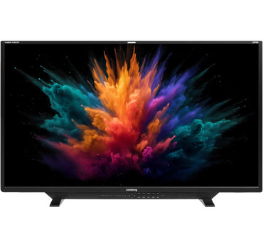 Flanders Scientific XMP551 monitor, front view with vivid colorful display and two feet