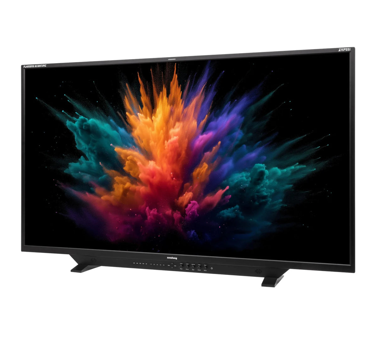 Flanders Scientific XMP551 monitor angled front view with vivid display and control buttons