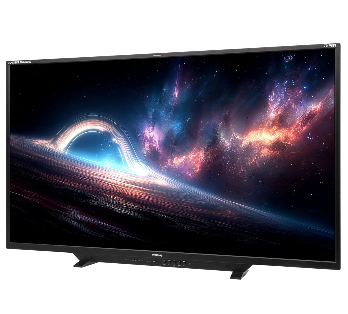Flanders Scientific XMP651 monitor angled view showing its slim bezel and colorful display