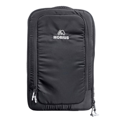 Mobius Bunker DSLR backpack, black, front view with Mobius logo