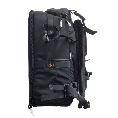 Mobius Bunker backpack side view with straps and zip pockets