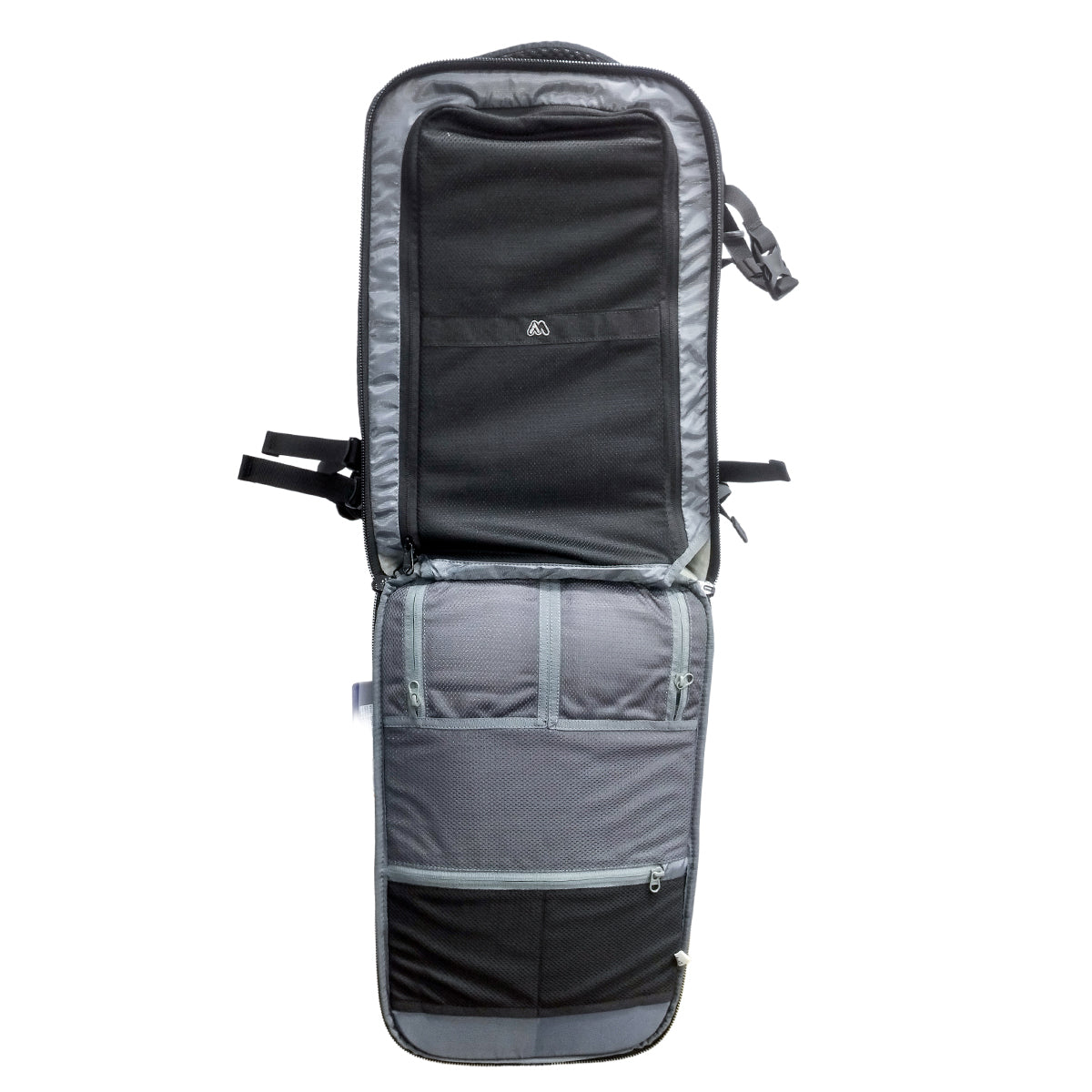Mobius Bunker opened to show the laptop compartment and zipped pockets