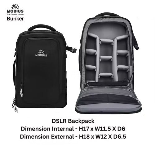 Mobius Bunker DSLR backpack inner 17 x 11.5 x 6 and outer 18 x 12 x 6.5 inches