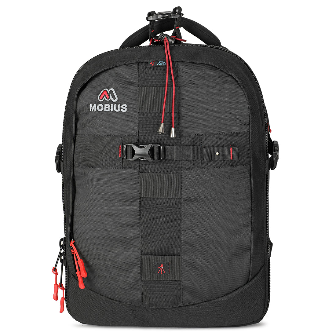 Mobius Trendsetter Pro DSLR backpack, black with red zip pulls, front view