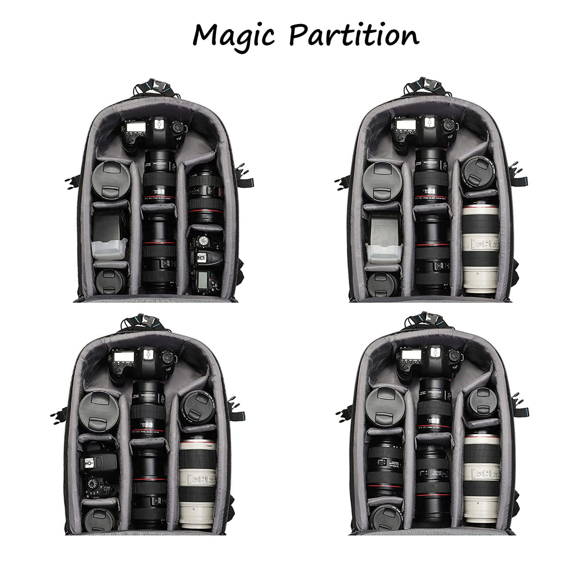 Trendsetter Pro interior divider layouts holding DSLR bodies and lenses