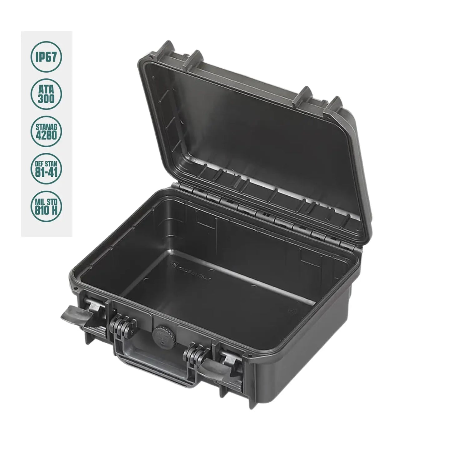 Black waterproof equipment hard case with lid open and empty interior tray