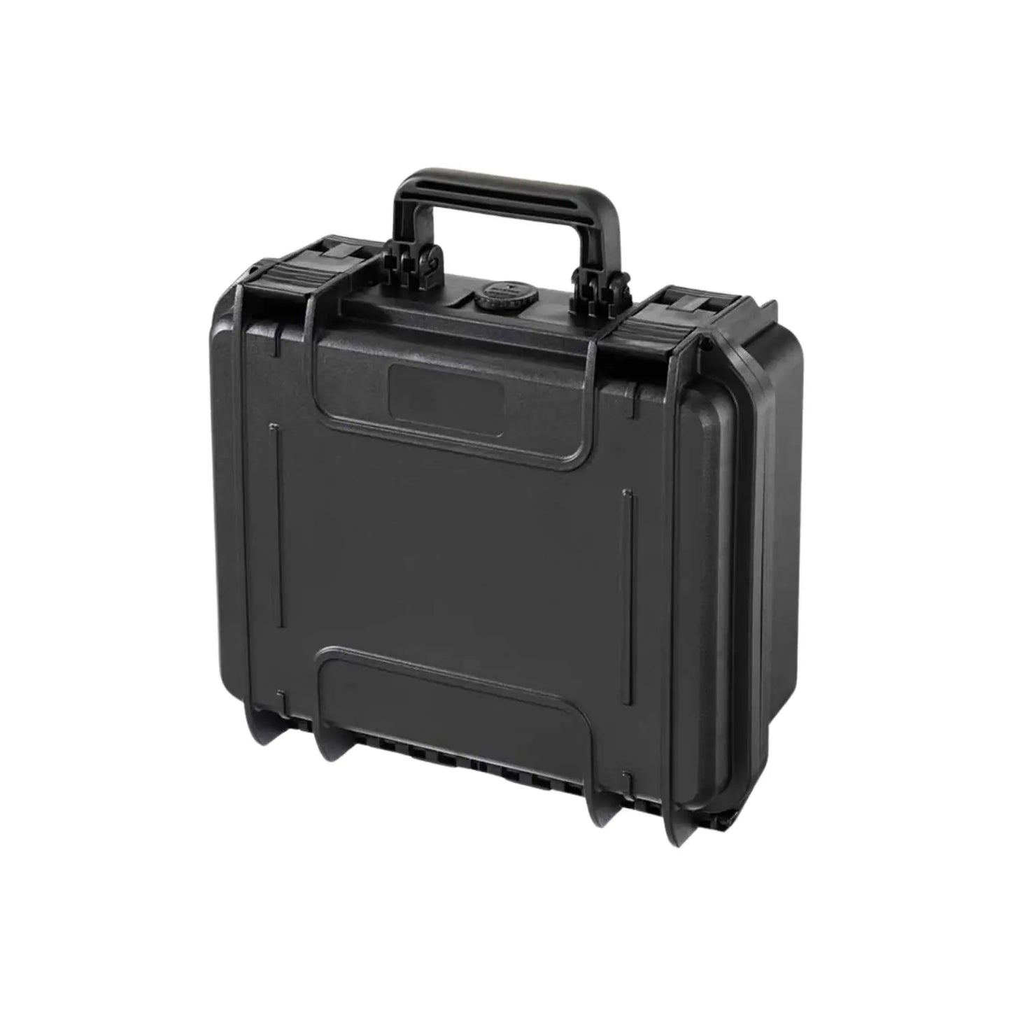 Black waterproof equipment hard case, closed with carry handle and side latches