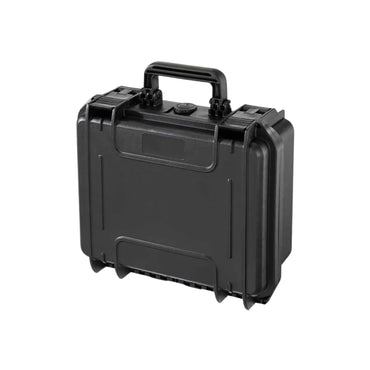 Black waterproof equipment hard case, closed with carry handle and side latches