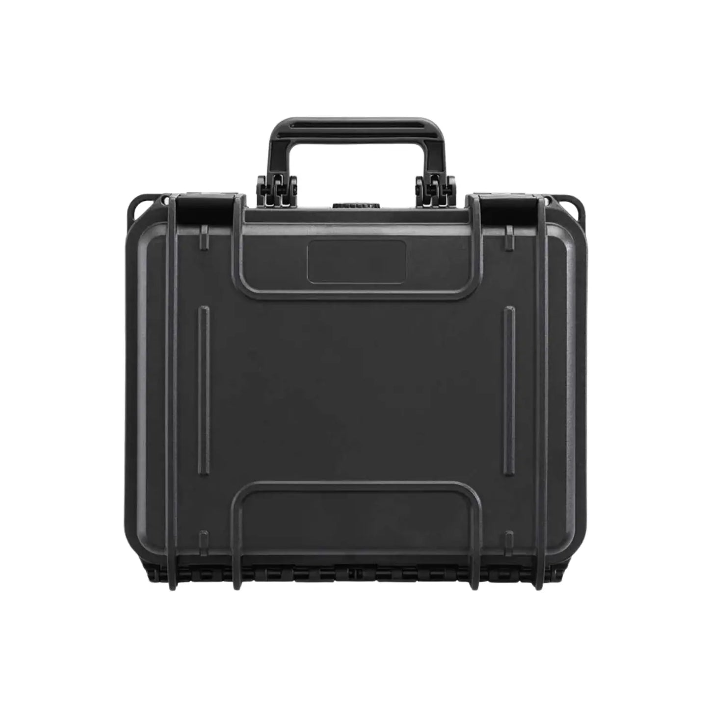 Black waterproof equipment hard case, closed front view with top carry handle