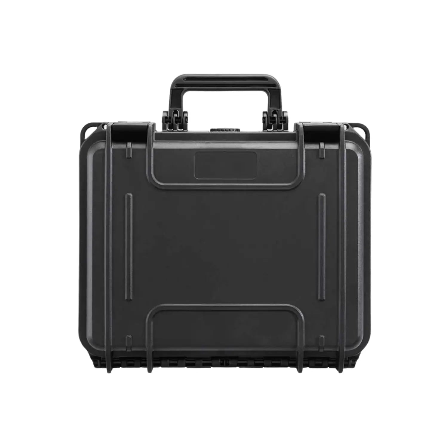 Black waterproof equipment hard case, closed front view with top carry handle