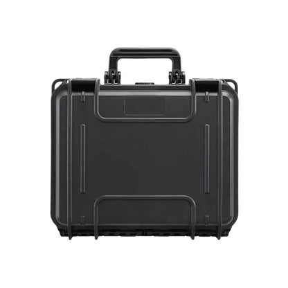 Black waterproof equipment hard case, closed front view with top carry handle