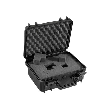 Black waterproof equipment hard case with foam-lined insert and open lid
