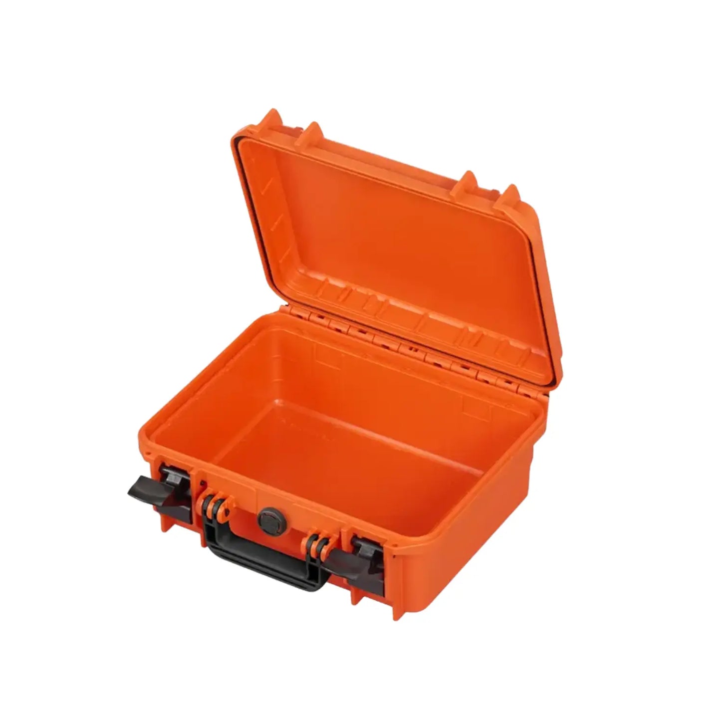 Orange waterproof equipment hard case with lid open and empty interior tray