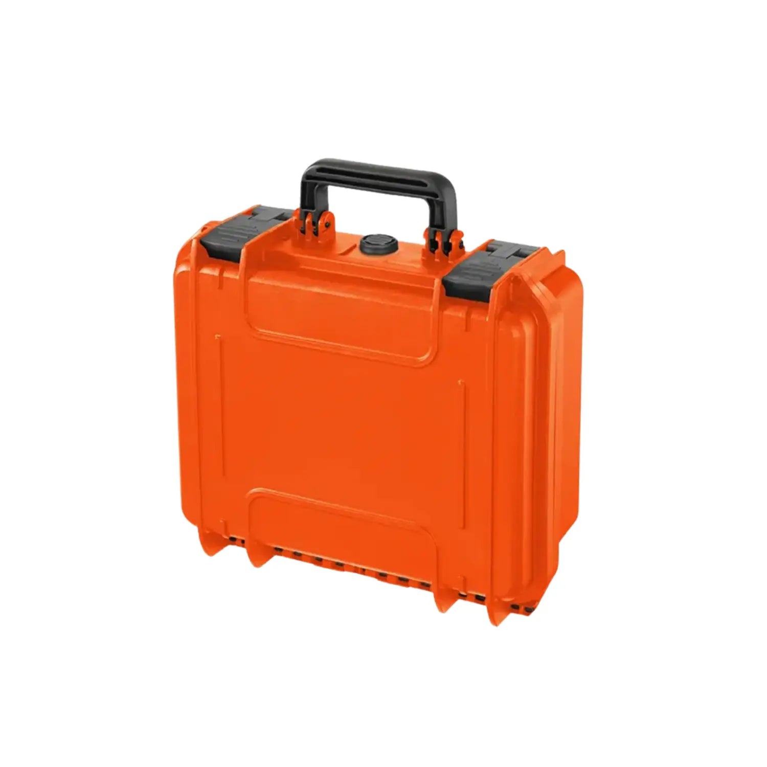 Orange waterproof equipment hard case, closed with carry handle and side latches